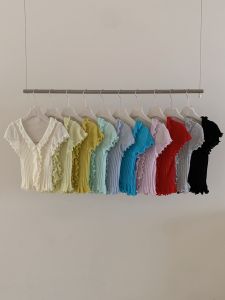 Áo Thun Nữ Tay Ngắn Cổ Chữ V Màu Vàng Phong Cách Hàn Quốc Mùa Hè Thiết Kế Ôm Vừa Vặn Áo Ngắn Bên Trong Chất Liệu Polyester