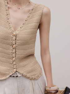 Áo Len Dệt Kim Không Tay Cổ Chữ V Màu Trơn Không Tay Mùa Hè 2025 Áo Chui Đầu Thường Ngày Cho Nữ