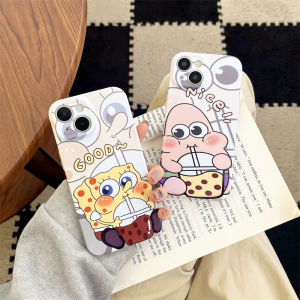 Cute SpongeBob SquarePants Phone Case Full Cover 14Plus 13ProMax Compatible Couple Design Girls Heart Plastic Shell