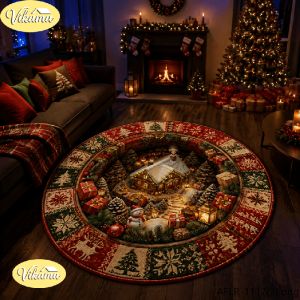 VIKAMA Christmas Round Rug Poinsettia Xmas Tree Print Circular Mat Non Slip For Living Room Bedroom Dining Room Holiday Decor