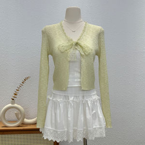 Áo Len Dệt Kim Cổ Chữ V Kiểu Pháp Đính Ren Dành Cho Nữ Đầu Xuân Mới Thanh Lịch Ôm Vừa Vặn Áo Khoác Ngoài Thời Trang Có Dây Thắt Lưng