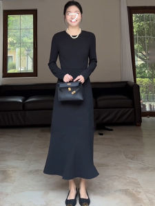 Elegant Long Sleeve Fish Tail Dress Womens Slimming Waist Inner Black Dress Autumn High-End Feel Suit Skirt Korean Style