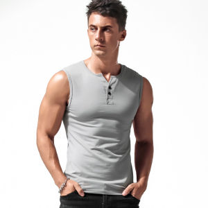 Áo Ba Lỗ Vai Rộng Áo Phông Không Tay Cổ Henly Cho Nam Áo Không Tay Thể Thao Ôm Dáng Ôm Sát Mặc Trong Cotton Áo Henri Mùa Hè