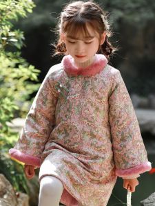 New Chinese Style Long Girls Cheongsam Winter Thickened Cotton Clothes Childrens New Year Visit Dress Girls Traditional Costume