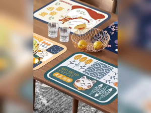 แผ่นรองจาน PU แผ่นรองภาชนะ แผ่นรองโต๊ะอาหาร ขนาด 30x45 cm ลายแมวน่ารัก