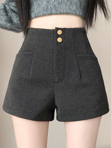 กางเกงขาสั้นผ้าขนสัตว์ทรงเอเข้ารูปสำหรับผู้หญิง ฤดูใบไม้ร่วง/ฤดูหนาว กางเกงขายาวลำลอง กางเกงขายาวขากว้างสำหรับใส่กับรองเท้าบู๊ท