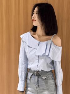 French Lace Trim Shoulder Strap Long Sleeve Shirt Women Early Spring Fashion 2025 New Design Unique off Shoulder Top