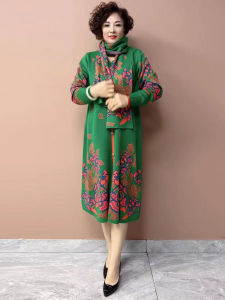Retro Print plus Size Knitted Dress Loose Base Layer Long Dress Fashionable Slimming Meat Covering Autumn Winter New Arrival