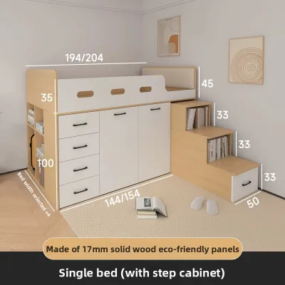 Modern Minimalist Solid Wood Half Height Bed with Top Drawer Underbed Desk Combination Storage Childrens Furniture