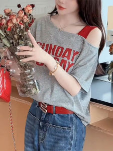 Shalldoer | Fashionable Shoulder Bared Letter Print Short Sleeve T Shirt Womens Summer Casual Style Creative Pattern Thin Material Round Neck
