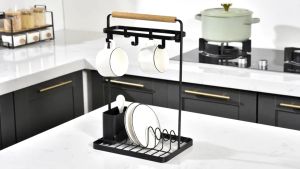 Zeekea Cups Holder Coffee Cup Shelf for Counter  Mug Stand Organizer with 6 Sturdy Hooks Plate and Spoon Holder