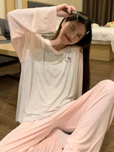 Sweet Cartoon Print Sleepwear Womens Modal Cotton Long Sleeve Long Pants Home Clothes Pink Cat Pattern Spring Autumn Style