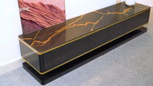 Kệ tivi mặt đá Julian Rayo nhập khẩu có 3 ngăn kéo sử dụng phụ kiện nhấn mở cao cấp Hafele nẹp viền inox mạ PVD - EL-TV06 - Nội thất Elegant