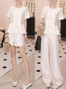 Shalldoer | Korean Style Casual Womens Outfit Summer 2025 New Pearl Sensation Shirt And Long Pants Two-Piece Set Elegant Fashionable