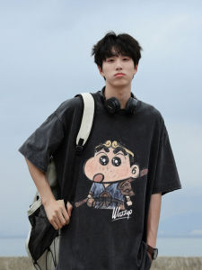 Wassup Black Wukong Crayon Xiaoxin Short-Sleeved T-shirt Mens Summer Heavy Weight Pure Cotton Washed Student Hand Drawn Bottoming Shirt