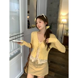 Patched and Tied V-Neck Summer Design Knitted Blouse
