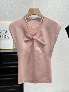 Sweet And Spicy Ice Silk Sleeveless Knitted Vest Womens Summer V-Neck Cross Knot Shoulder Top Unique Beautiful Top
