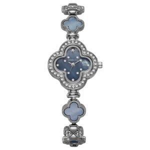 Luxury Four Leaf Clover Womens Quartz Watch Diamond Encrusted Shell Dial Bracelet Watch Silver Tone Elegant Ladies Wristwatch