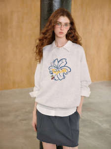 Toyouth | Áo Hoodie Nữ Không Mũ Trùm Đầu Cổ Tròn Thêu Hoa