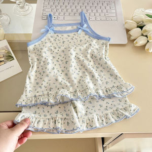 New Summer Kids Homewear Set 1-7T Sweet Floral Girls Camisole + Shorts Cartoon Bear Children Household Clothes