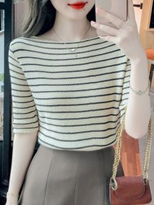 Viscose Fiber Ice Silk Knitted Short Sleeve T-shirt Womens Loose Fit Striped Work Clothing Round Neck Pullover