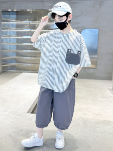 Boys Summer Sporty Thin Set Stripe Fashionable Trendy Youth Shorts Sleeve Shirt Nine Points Pants Casual Sportswear Ensemble