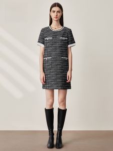 HR | HR Helena Rubinstein Woolen Short Sleeve Dress Elegant Midi Skirt Polyester Fiber Natural Waist Straight Cut City Commute