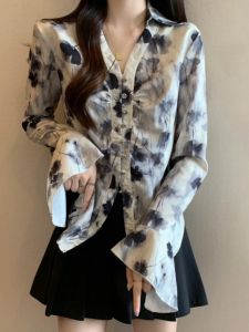 Womens Polo Neck Gradient Dyed Shirt Spring Large Size Slimming Waist Cinched Versatile Korean Style Long Sleeve Commute Wear