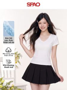 spao | Áo Thun V-neck Thoải Mái Trang Trí Ren