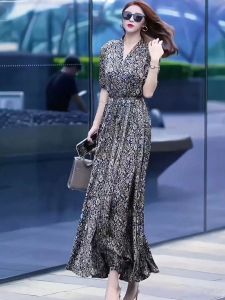 Fashionable Floral Print Summer Dress Short Sleeve Waist-Cinching Slimming High Waist Maxi Skirt A-Line Silhouette Commute Style