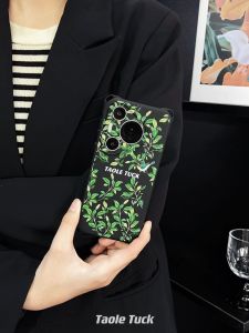 Fashionable Anti-Fall Silicone Phone Case with Lanyard Green Leaf Bird Design for Huawei  Xiaomi Mate60 pro Pura70 Ultra