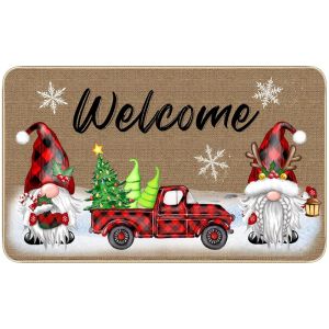 VIKAMA Christmas Gnome Welcome Mat Buffalo Plaid Red Tomte Elf Door Rug Xmas Tree Gifts Entryway Floor Mat Non Slip Decor
