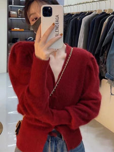 French Style Retro Red V-neck Knitting Cardigan Womens Fall and Winter Christmas New Year Sweater Outwear Waist-Tight Slim Looking Short Top