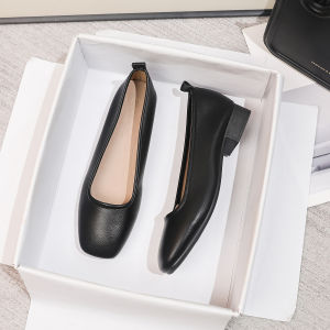 Black Leather Square Head mid Heel Work Shoes for Women Comfortable Soft Bottom Single Shoes Suitable for Interview And Work
