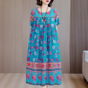 Floral Print Loose Cotton Silk Dress Mom Summer New 2025 Middle Aged And Elderly Womens Long Skirt Commute Style round Neck