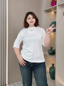 Spring Autumn New Five-Quarter Sleeve Solid Color Base Shirt T-Shirt Women plus Size Loose Slimming Versatile Top Korean Style round Neck Casual Wear