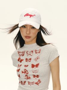 หมวกเบสบอลสไตล์ฮิปฮอปสไตล์อเมริกันสำหรับผู้หญิง สไตล์ย้อนยุค สีขาว หมวกเบสบอลทรงกว้าง หมวกทรงกลม ผ้าฝ้ายแท้ หมวกแฟชั่น