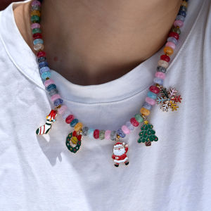 8MM Colorful Glass Beads Merry Christmas Tree Pendant Necklace Santa Claus Socks Fashion New Year Girl Gift Necklace for Women