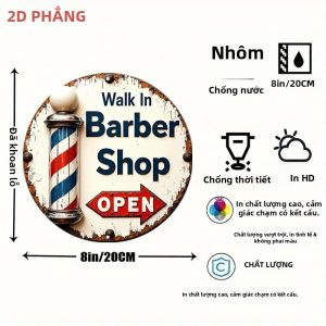 CIFbuy | Biển Trang Trí Tường Tiệm Cắt Tóc Cổ Điển - Biển Kim Loại Kiểu Retro Walk In Với Cột Đỏ & Xanh Bền Chắc Dùng Được Trong Nhà & Ngoài Trời 1 Cái