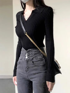 Womens Knitted Long Sleeve Polo Neck Base Shirt Slim Fit Low V-neck Spring Autumn Winter Fashionable Korean Style Top