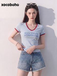 xocoboho | Fashionable and Youthful Blue Print Short Sleeve T-Shirt