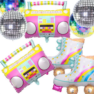 ‌8PCS Rainbow Roller Skate Balloons Boom Box Balloon 22 Inch Round Color Foil Balloons 4D Laser Disco Foil Balloons 80s 90s