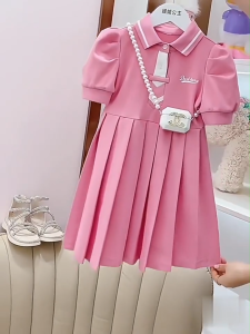 Dress for Kids Girls Puff Sleevee Dress 6-13yrs Polo Collar Bear Leader Dress Puff Sleeve Soft Preppy School Fashion Pleated Dress Cotton Dress For School Fashion New Graduation Dress Soft Formal Dress