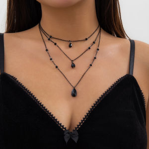 IngeSight.Z Gothic Multi-layered Black Droplet Crystal Pendant Necklace Set for Women Vintage Black Metal Link Chain Choker Neck