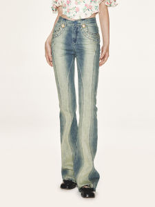 Lefame Vintage Court Pearl Button Slim Micro Flared Jeans Cotton Stretch Denim Straight Leg Pants Womens Premium Fashion