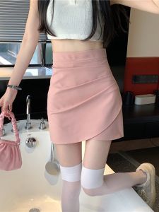 กระโปรงสั้นทรงเอเอวสูง กระโปรงทรงเอไม่สมมาตรสีชมพูสำหรับผู้หญิงในช่วงต้นฤดูใบไม้ร่วง กระโปรงสั้นทรงเอเข้ารูปแบบลำลอง