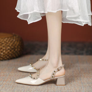 XIANNIWEI | French Style Nude Mid-Heel Pointed Toe Studded Sandals