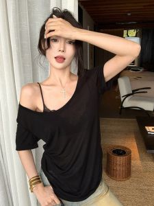 YUANYA | Áo Thun Dáng Rộng Trong Suốt Cổ U to Tay Ngắn