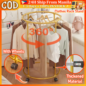 【12H Ship/ In Stock】360° Rotating Clothes Rack With Wheels Thickened Metal Clothes Rack Stand Heavy Duty Circular Clothes Hanger Heavy Duty Display Hanging Clothes Rack Movable Clothes Hanger Organizer For Bathroom Balcony Bedroom Laundry Room