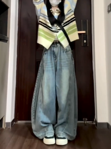 Quần Jeans Denim Ống Rộng Cạp Cao Phong Cách Mỹ Retro Washed Thiết Kế Khía Cắt Cho Nữ Mùa Hè Hàng Mới Về Quần Dài Đến Sàn